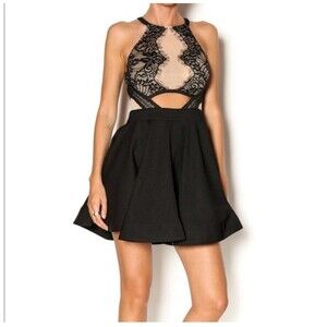 NWT San Joy Dress Sz M Fit & Flare Skater Dress Night Out Lace Nude Mesh Cut Out
